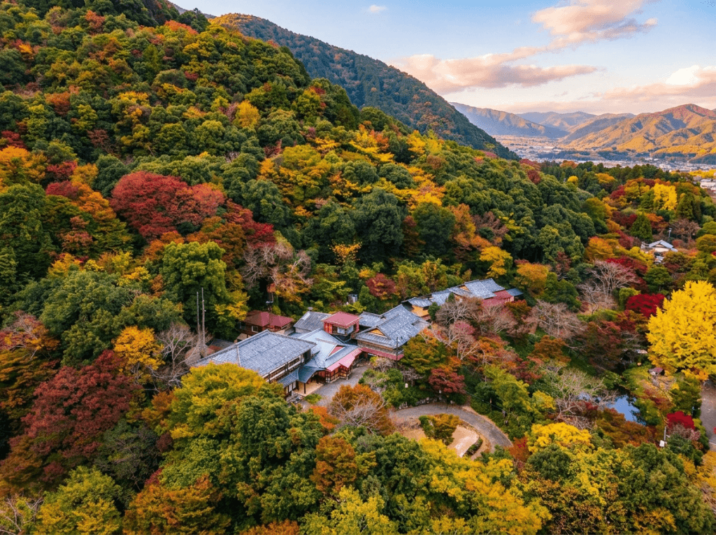 紅葉に包まれた千歳楼の空撮